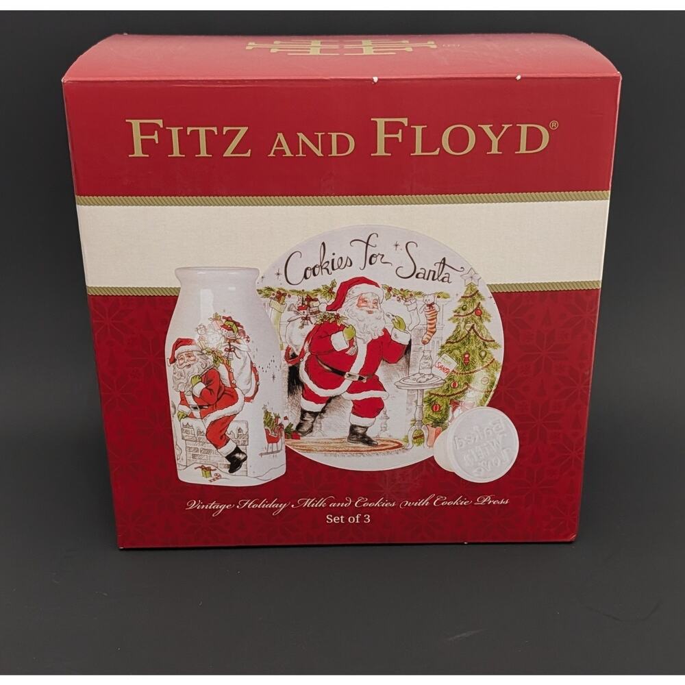 Fitz & Floyd Old World Christmas 3 Piece set Milk & Cookies for Santa W Box